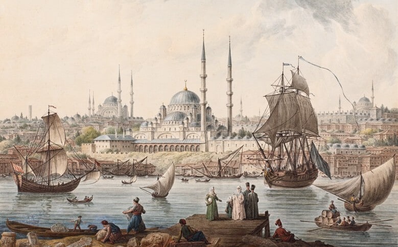 Yeni̇ Cami̇ ve İstanbul Li̇manı, Jean-Bapti̇ste Hi̇lai̇r [Hi̇lai̇re], 1789, K&amp;amp;amp;amp;acirc;ğıt &amp;amp;amp;amp;uuml;zerine suluboya, 40,5 x 57,5 cm.
