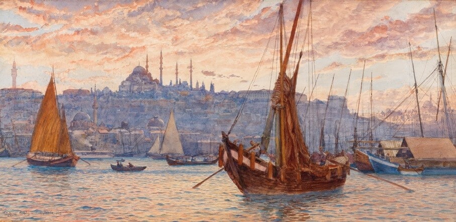 Hali̇&amp;amp;amp;amp;ccedil;, Tri̇stam (Tri̇stram) James Elli̇s, 1885 sonrası, Karton &amp;amp;amp;amp;uuml;zerine suluboya, 36 x 77 cm.