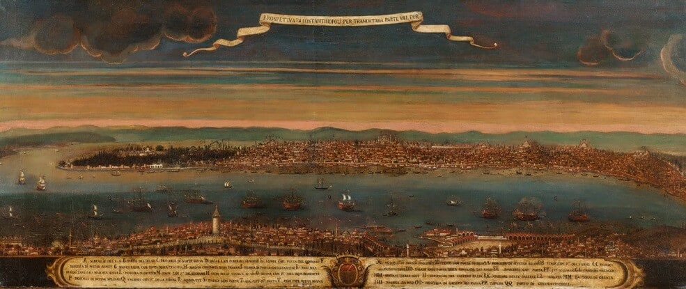 İstanbul Panoraması, Ressamı Beli̇rsi̇z, Tuval &amp;amp;amp;amp;amp;amp;uuml;zerine yağlıboya, 18. y&amp;amp;amp;amp;amp;amp;uuml;zyıl ikinci yarısı, 74 x 175 cm.