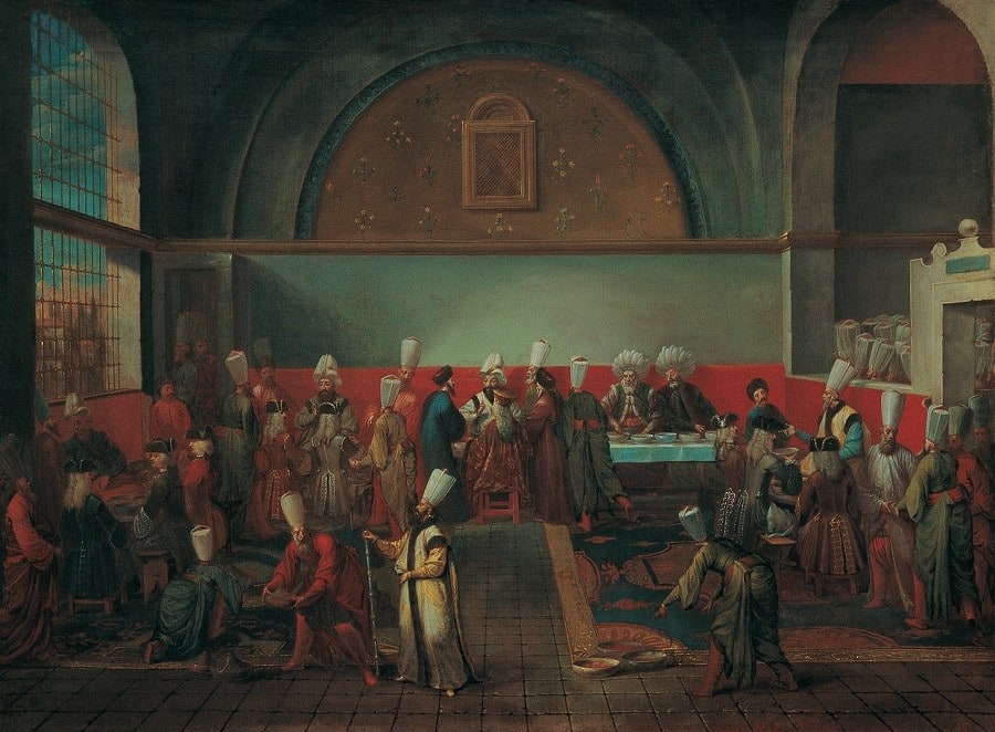 El&amp;amp;ccedil;i Onuruna Sarayda Verilen Yemek, Jean Baptiste Vanmour, (1725 ?), Tuval &amp;amp;uuml;zerine yağlıboya, 90 x 121 cm